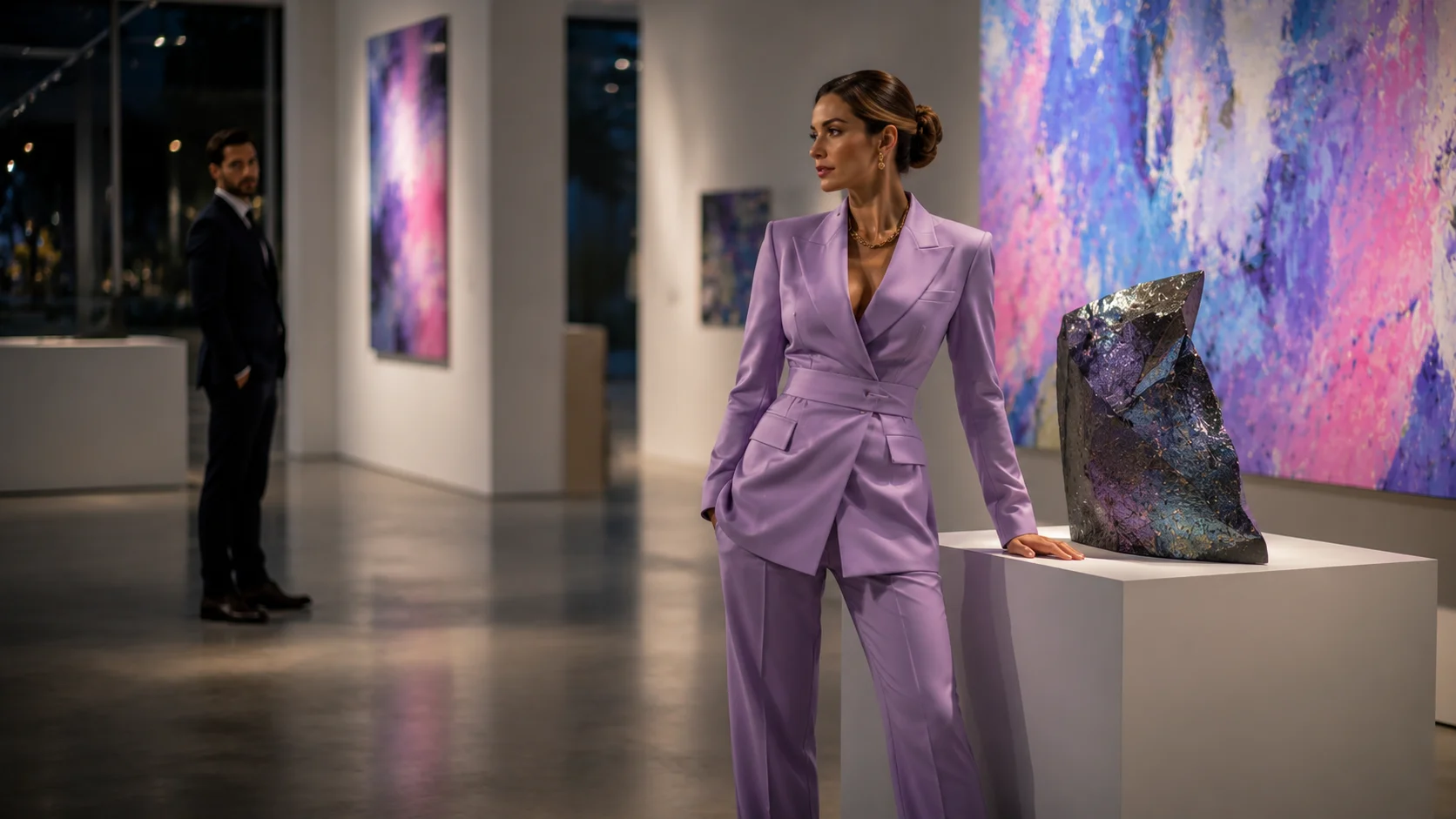 Confident woman leaning on a piece of art in an art gallery