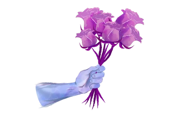 A hand offering a bouquet of roses.