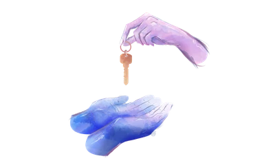A hand holding a key over another open hand.