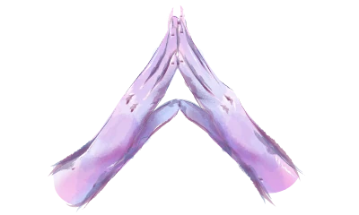 Two hands raised and pressed together at the fingertips.