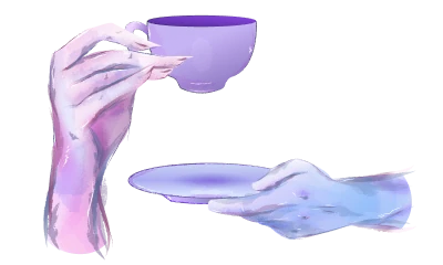 One hand offering a cup, another holding the saucer.