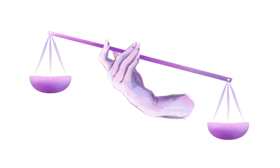 A hand holding a balance with two pans.