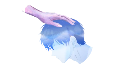 A hand resting on someone's hair.